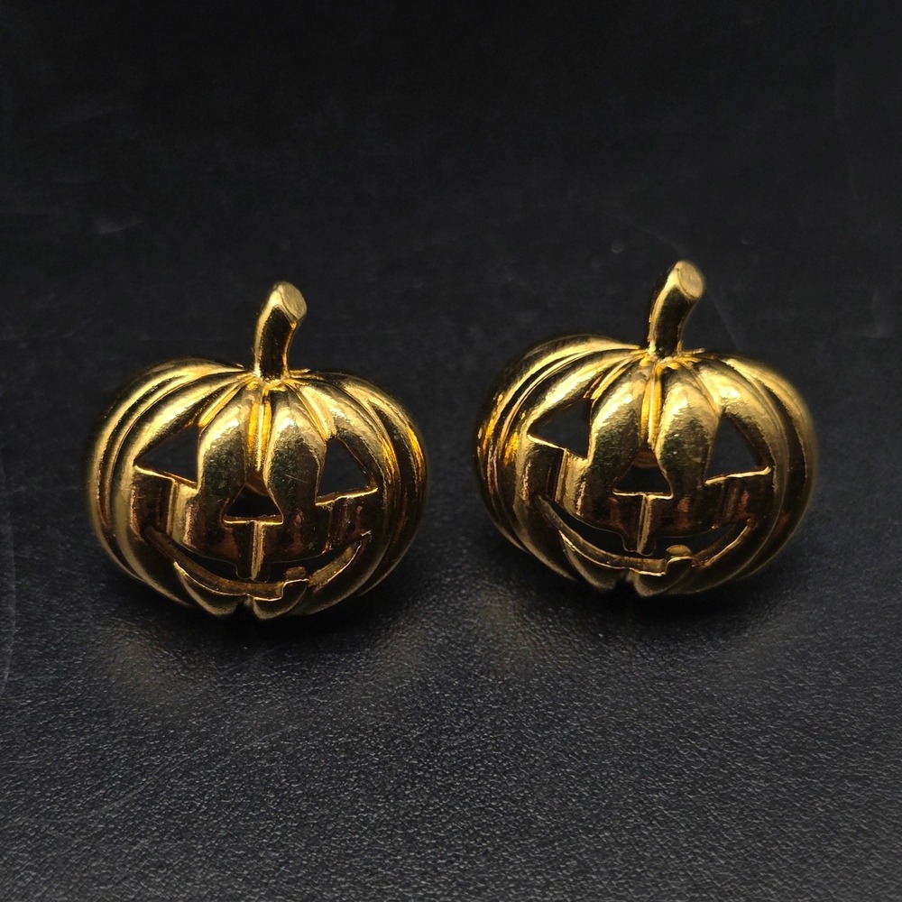 Avon 1990 Jackolantern Earrings Gold Tone Studs Vintage Halloween